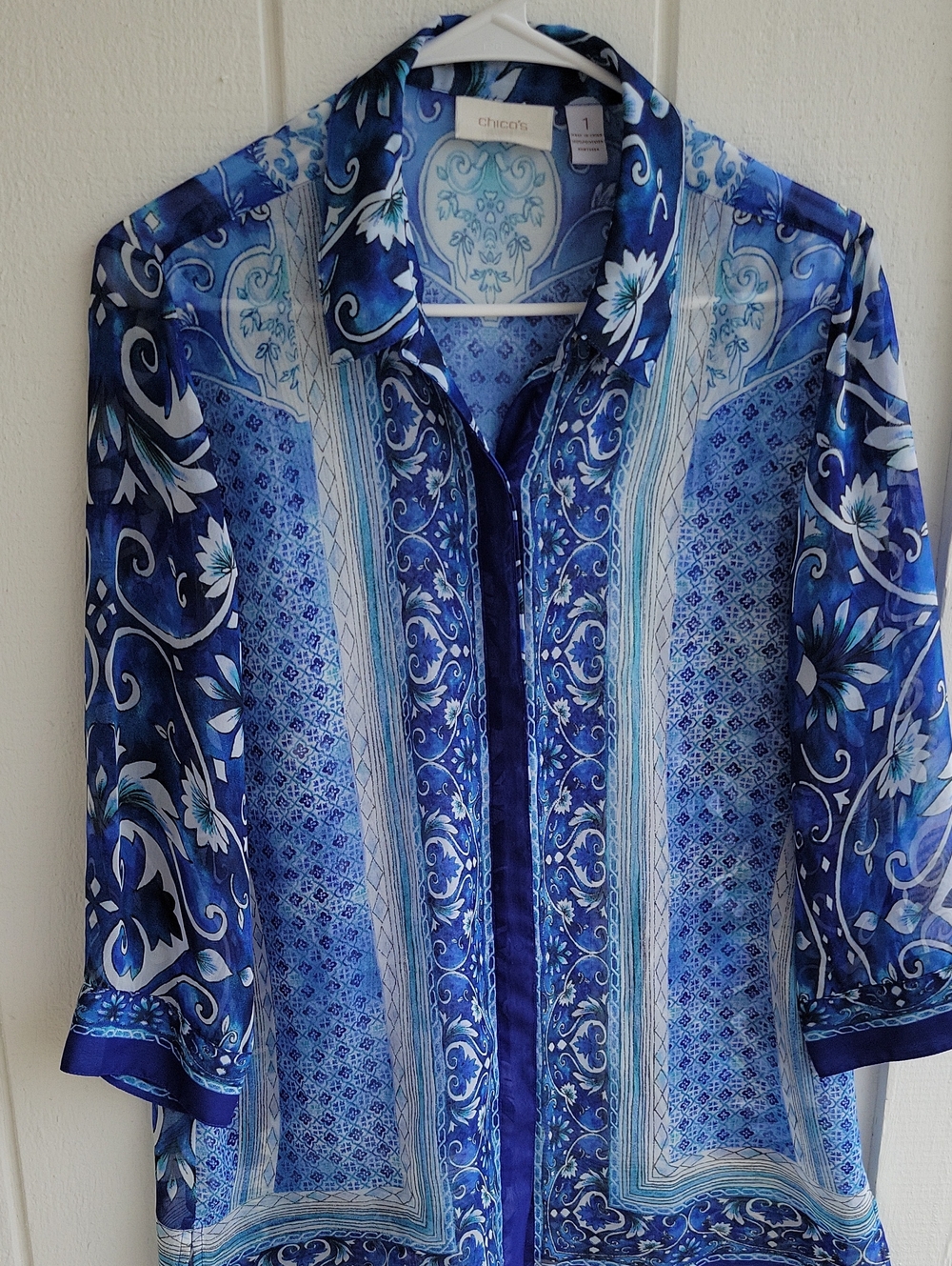 Chico's Blue Floral Sheer Top Blouse